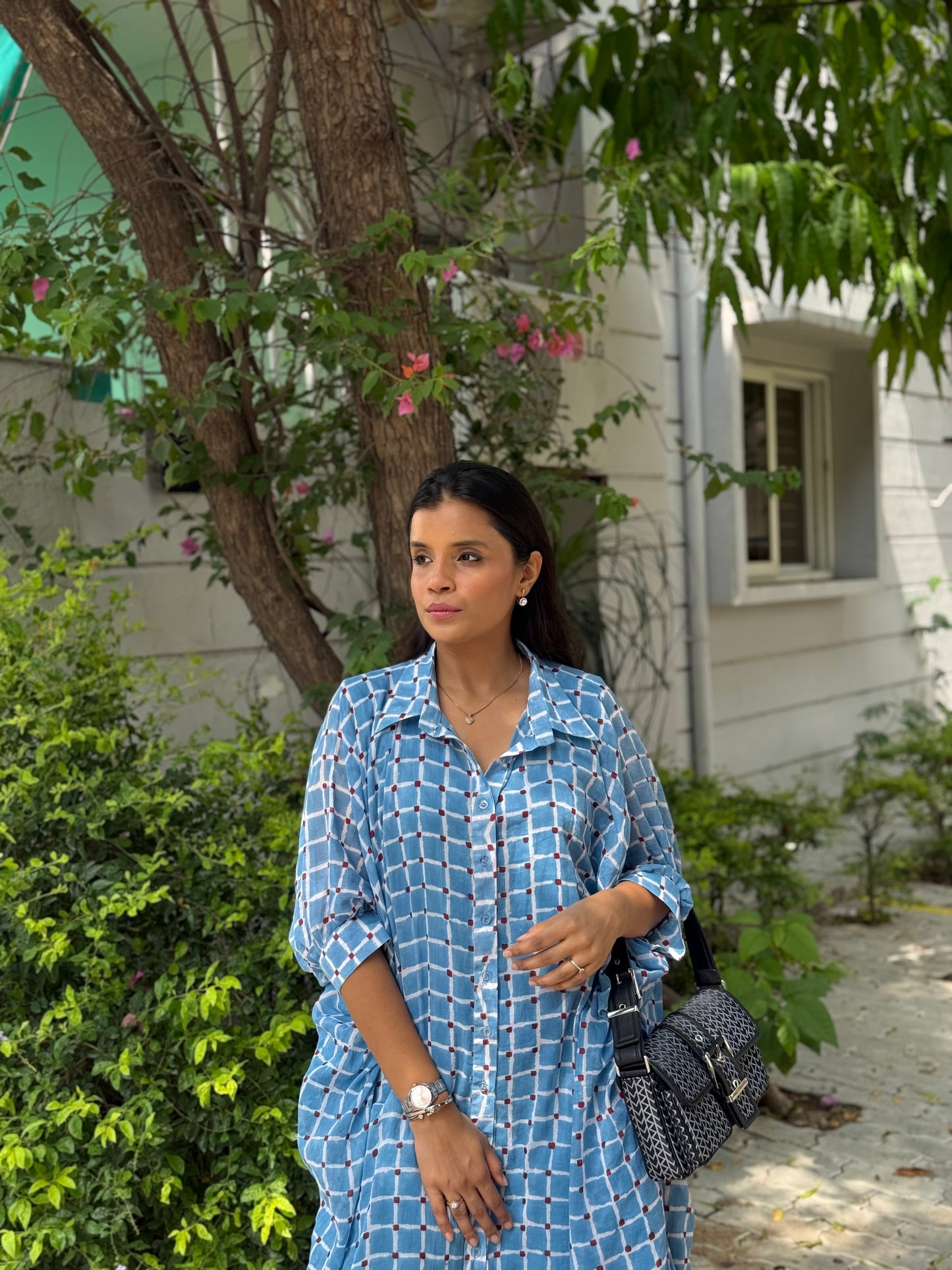 Blue Cotton Mul Kaftan Shirt dress with pants and cotton slip