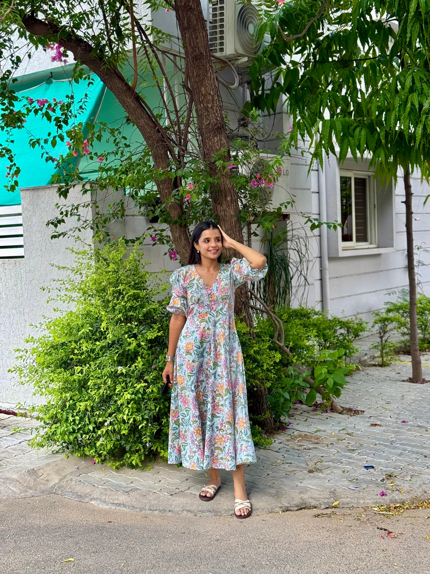 Soba Blue Floral Cotton Dress