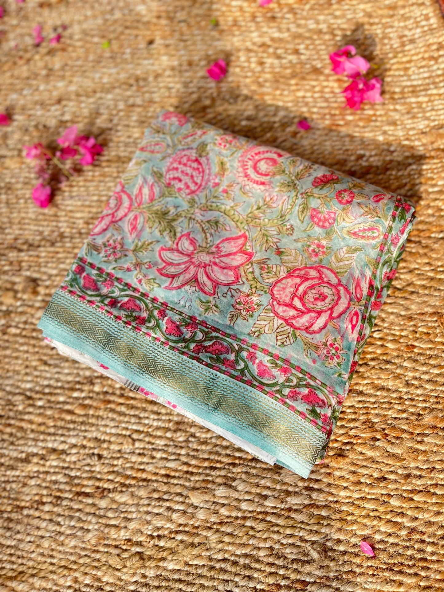 Gulabi Floral Chanderi silk Handblock printed Saree