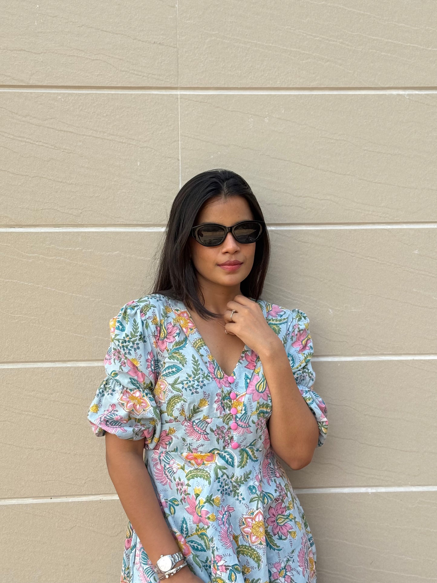 Soba Blue Floral Cotton Dress