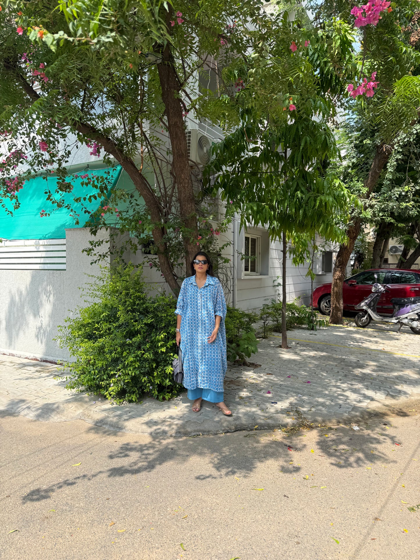 Blue Cotton Mul Kaftan Shirt dress with pants and cotton slip