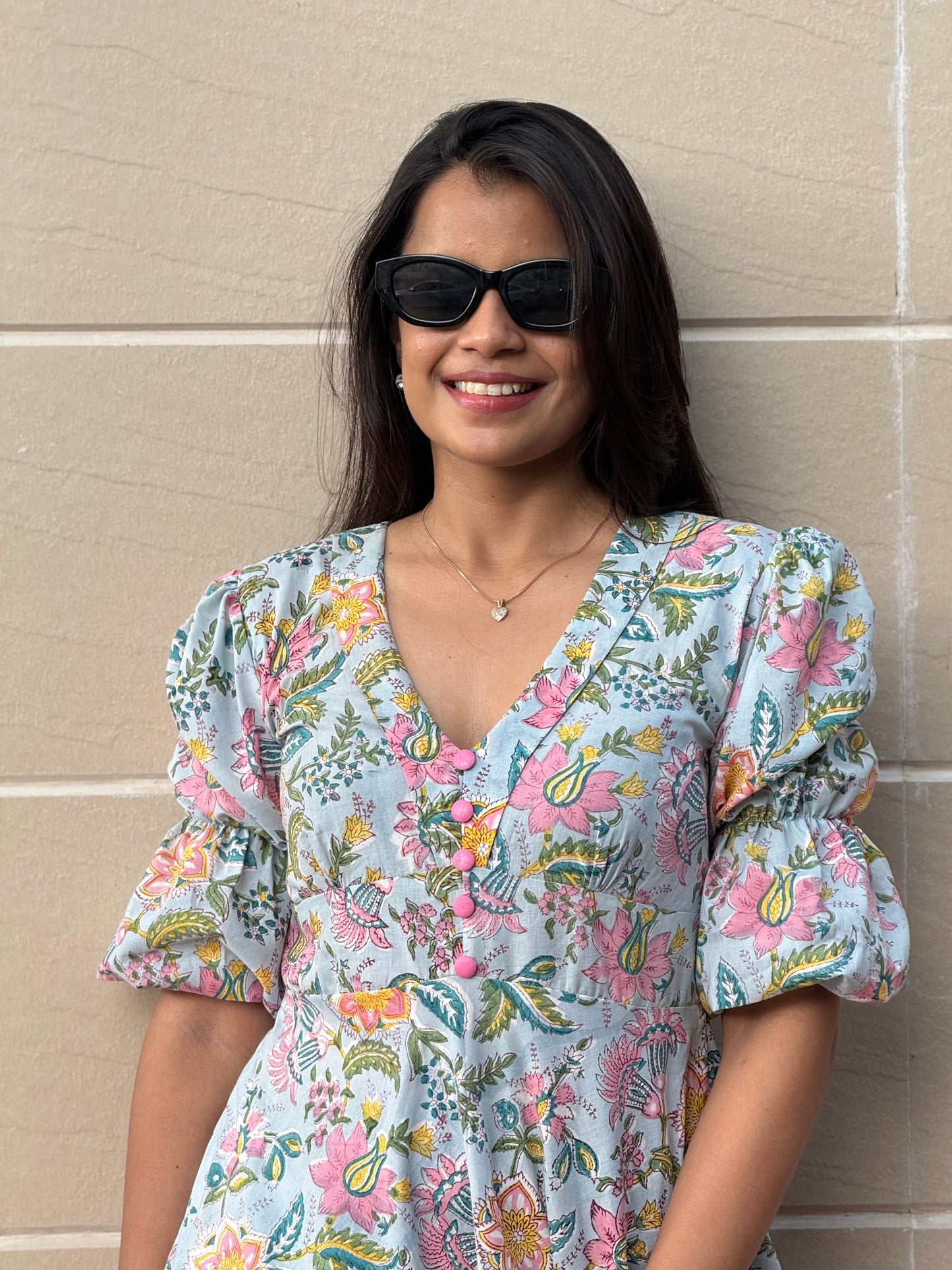 Soba Blue Floral Cotton Dress
