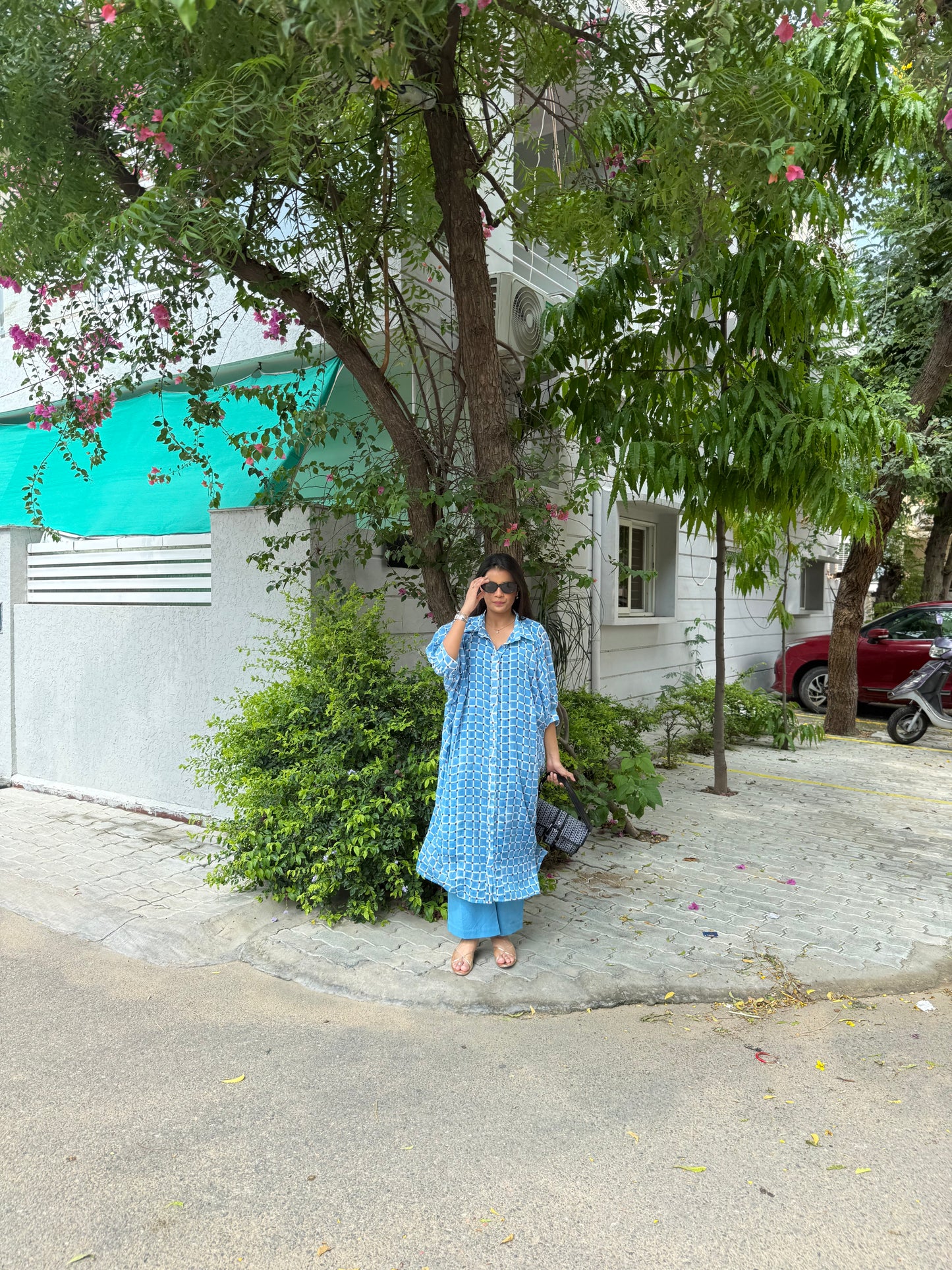 Blue Cotton Mul Kaftan Shirt dress with pants and cotton slip
