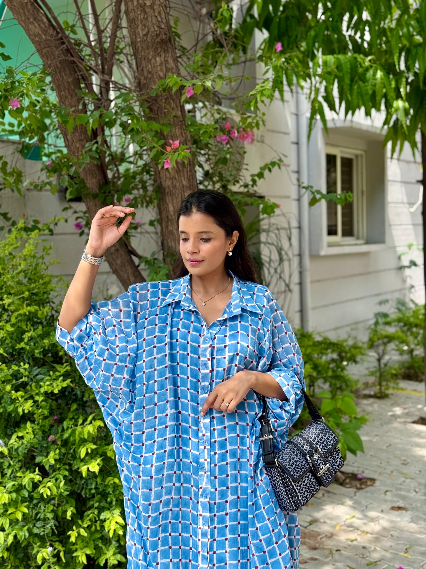 Blue Cotton Mul Kaftan Shirt dress with pants and cotton slip