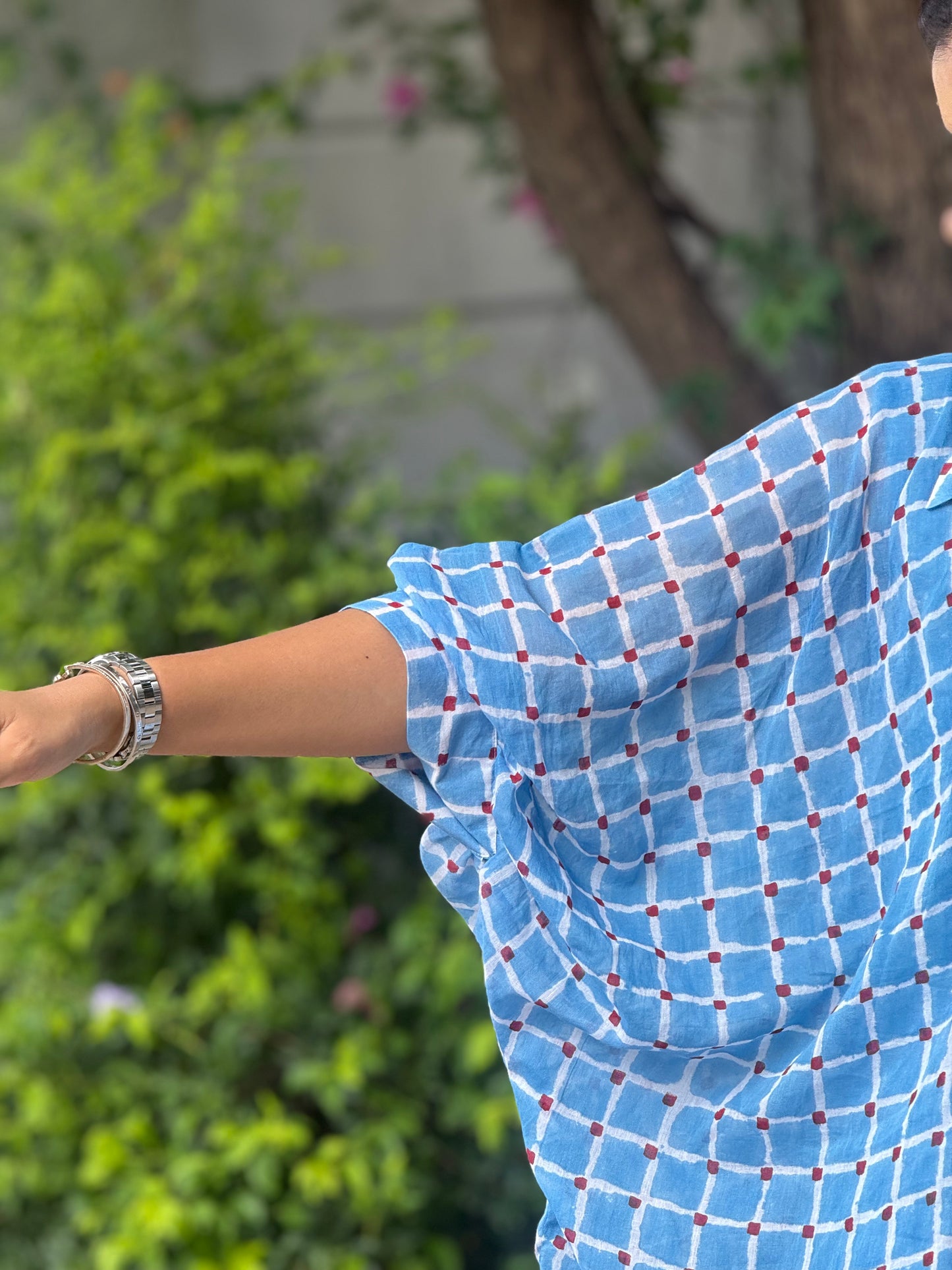 Blue Cotton Mul Kaftan Shirt dress with pants and cotton slip