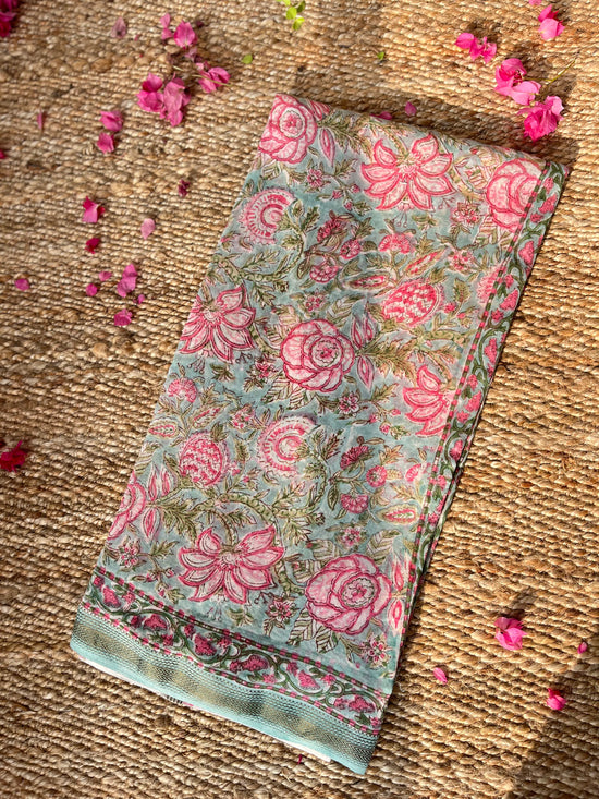 Gulabi Floral Chanderi silk Handblock printed Saree