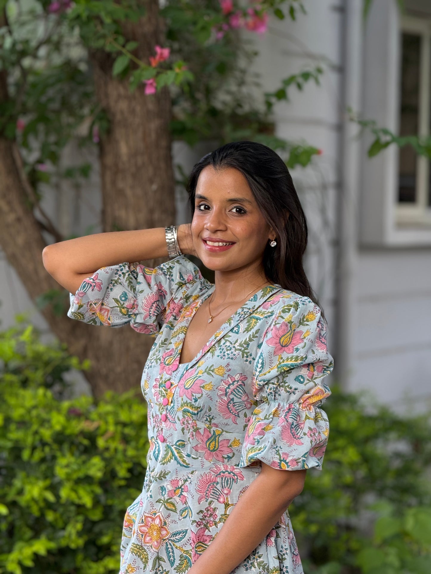 Soba Blue Floral Cotton Dress