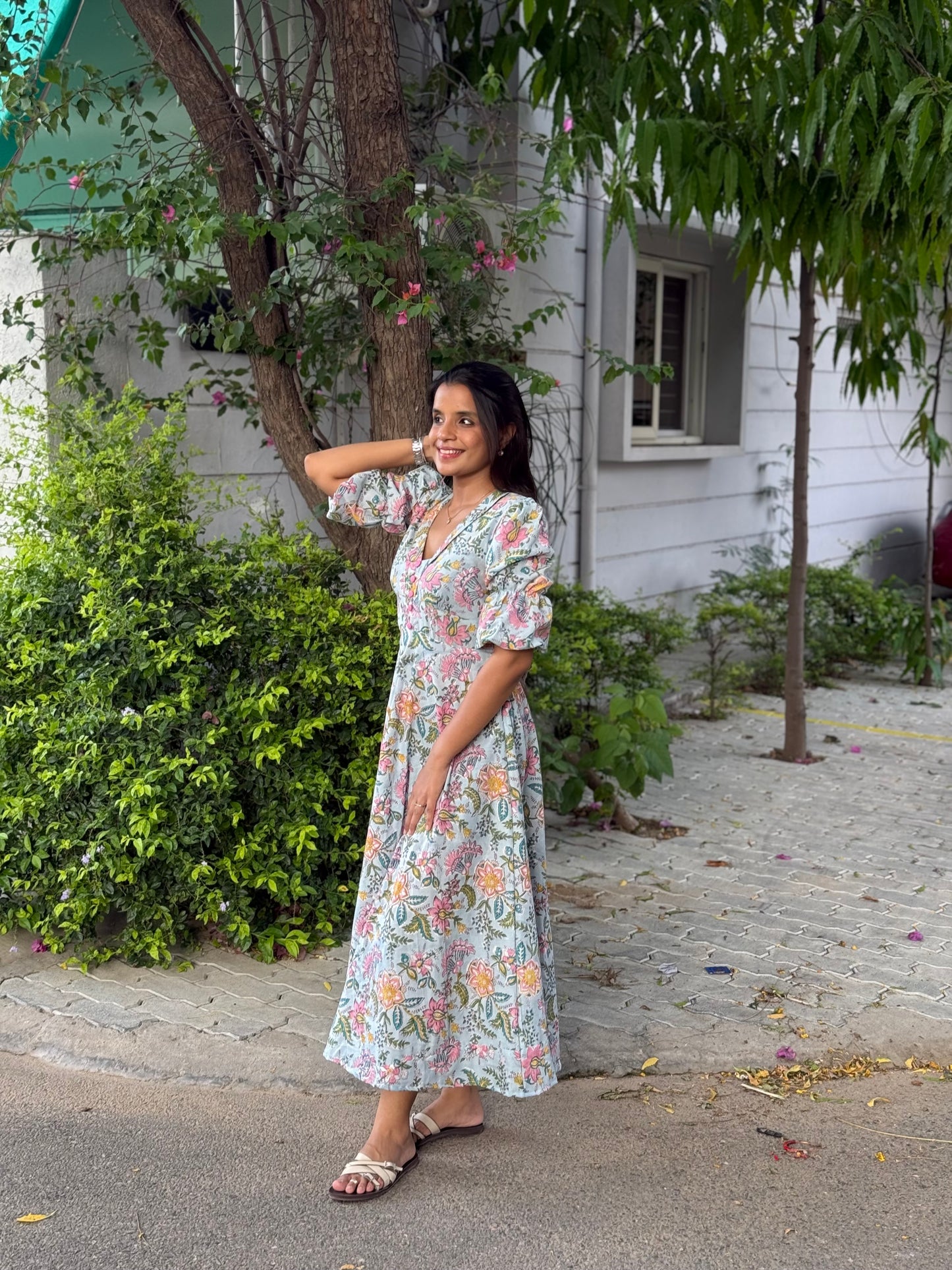 Soba Blue Floral Cotton Dress