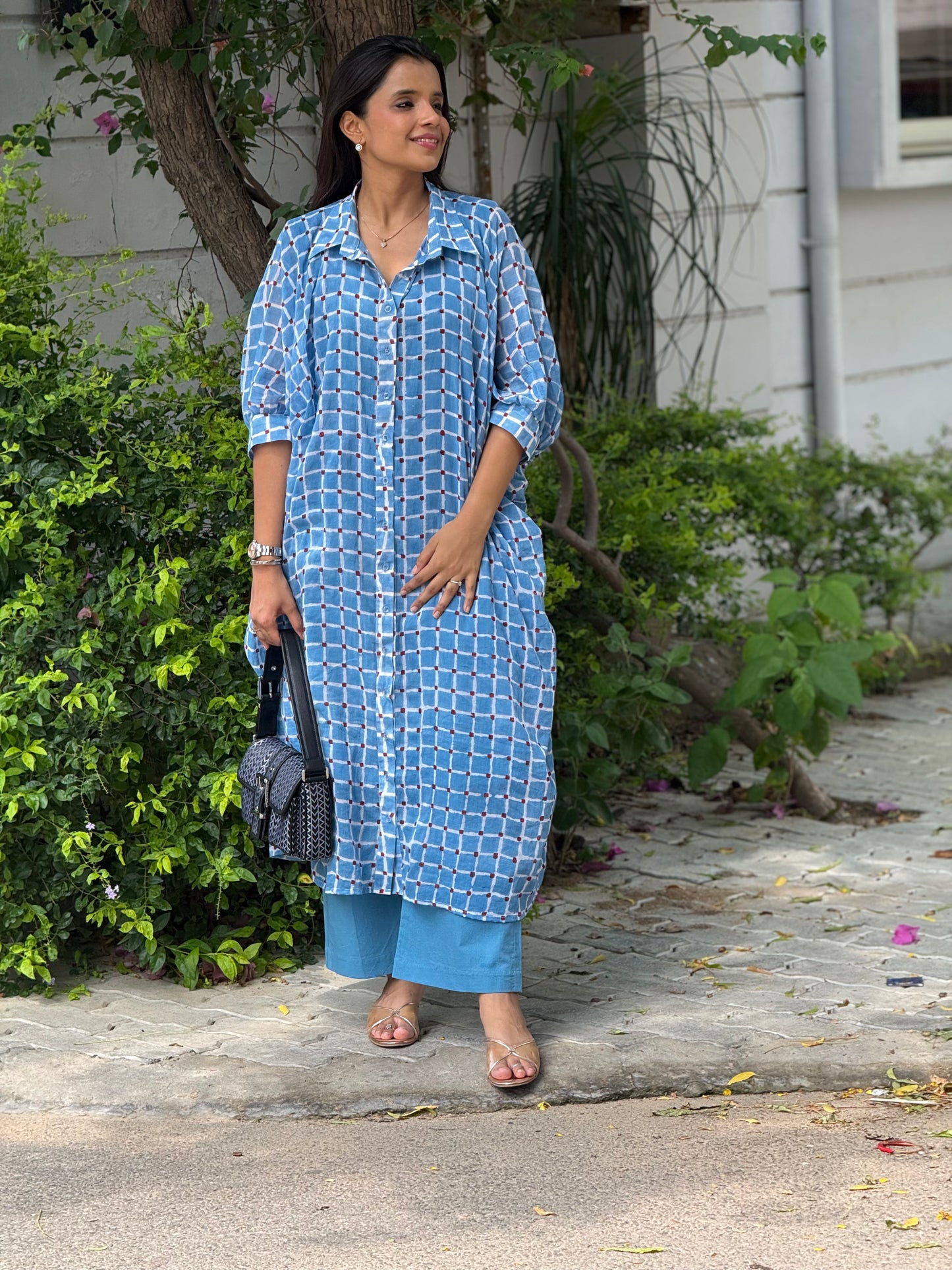 Blue Cotton Mul Kaftan Shirt dress with pants and cotton slip