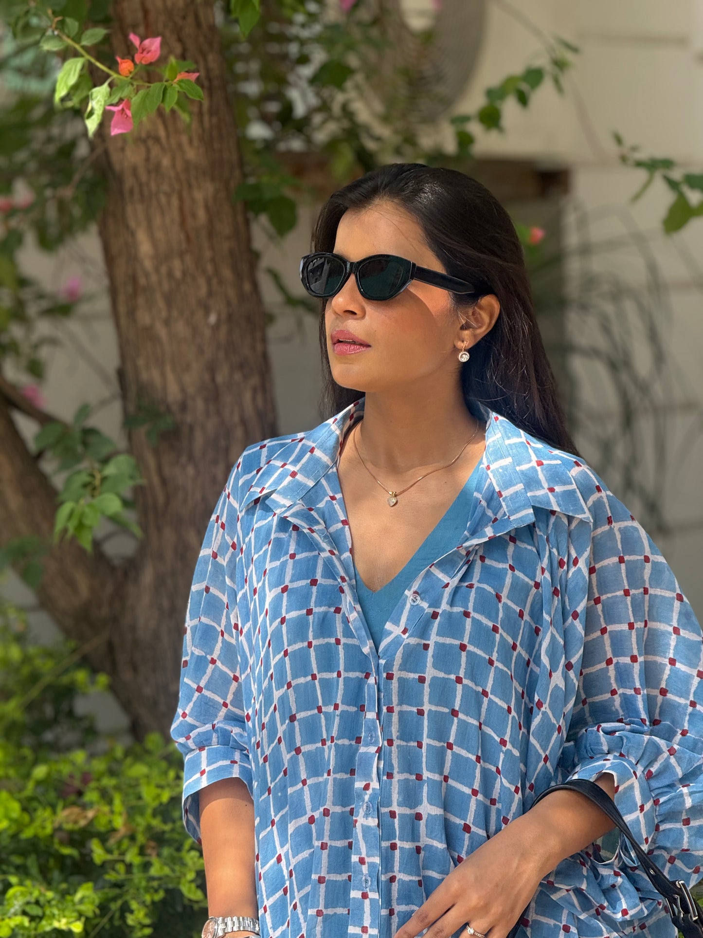 Blue Cotton Mul Kaftan Shirt dress with pants and cotton slip