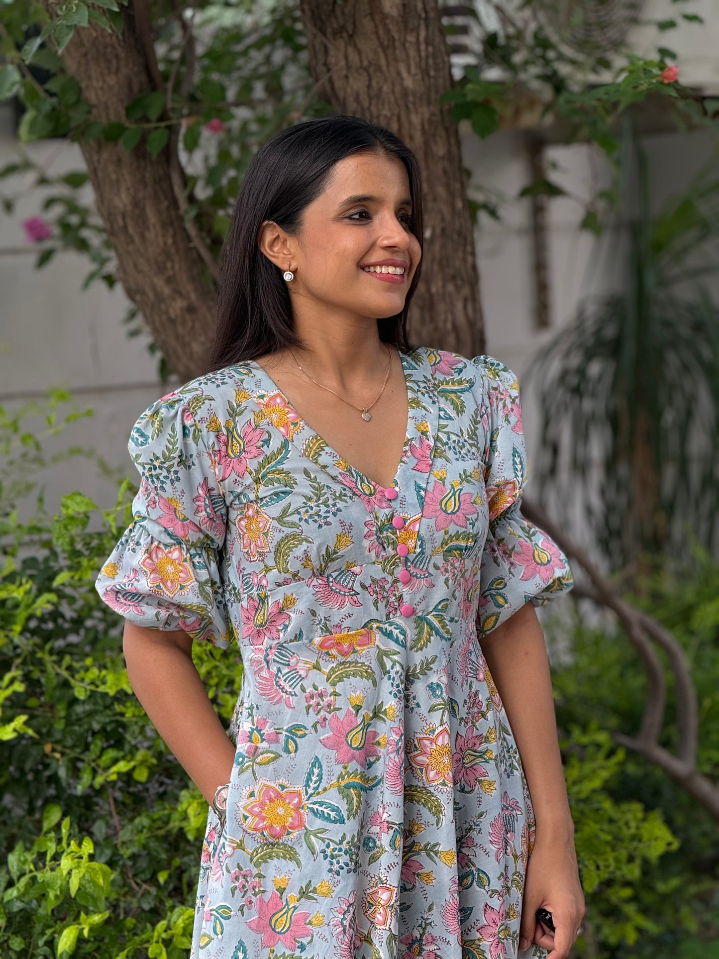 Soba Blue Floral Cotton Dress