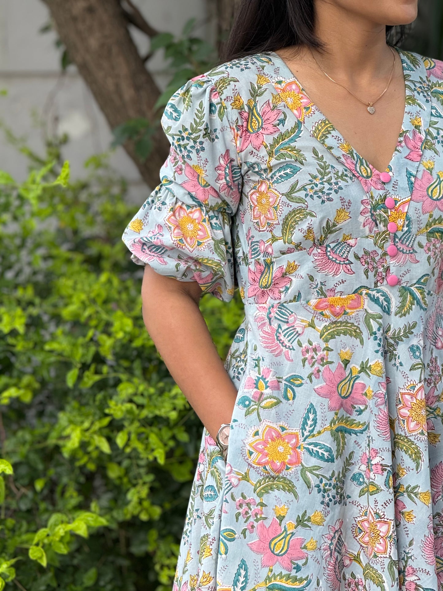 Soba Blue Floral Cotton Dress
