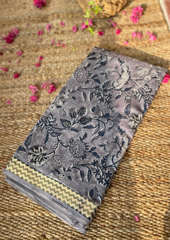 Roza Grey Chanderi silk Handblock printed Saree