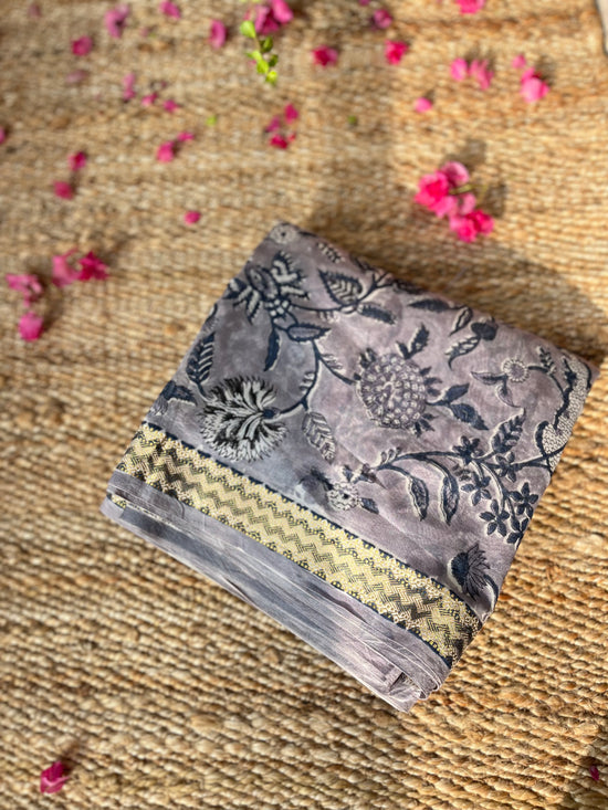 Roza Grey Chanderi silk Handblock printed Saree