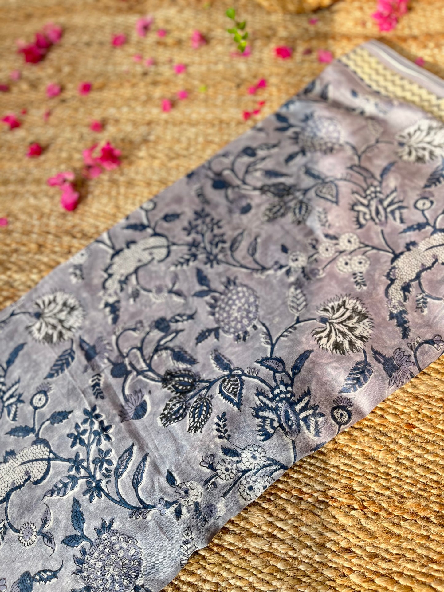 Roza Grey Chanderi silk Handblock printed Saree