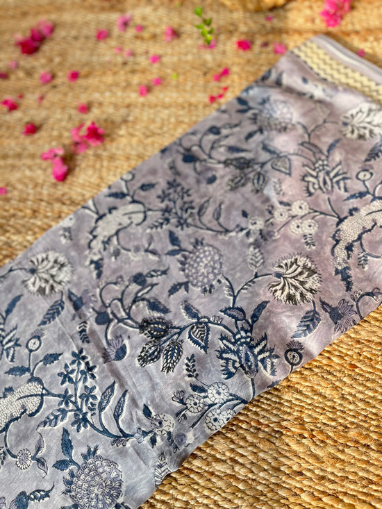 Roza Grey Chanderi silk Handblock printed Saree