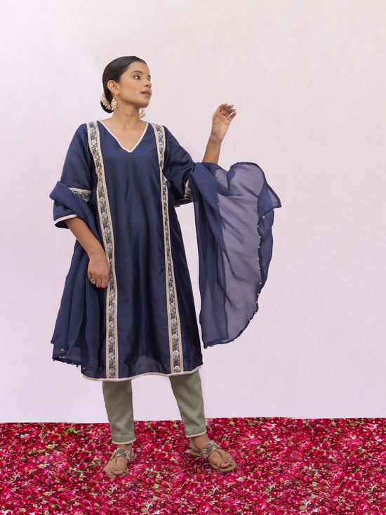 Nitya Blue Chanderi Silk A-line Kurta