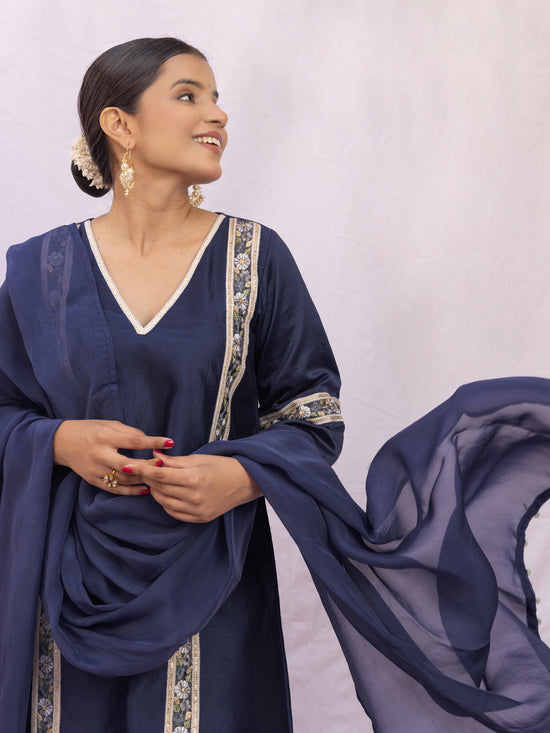 Nitya Blue Chanderi Silk A-line Kurta Set