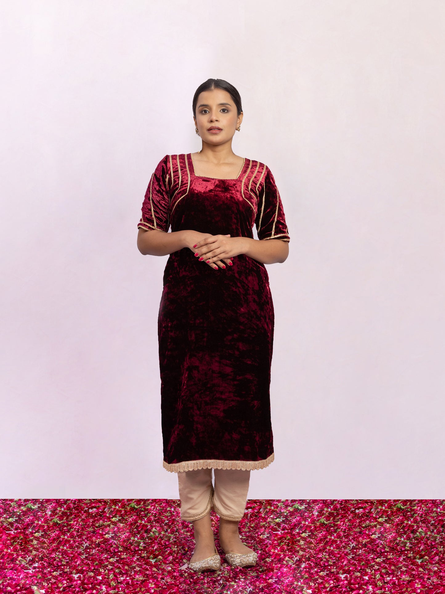 Durga Maroon Velvet Kurta and Pant Set