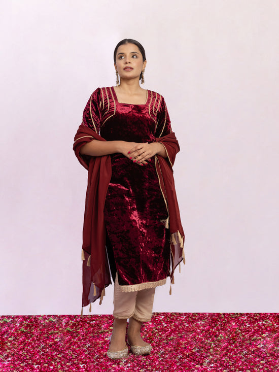 Durga Maroon Velvet Kurta and Pant Set