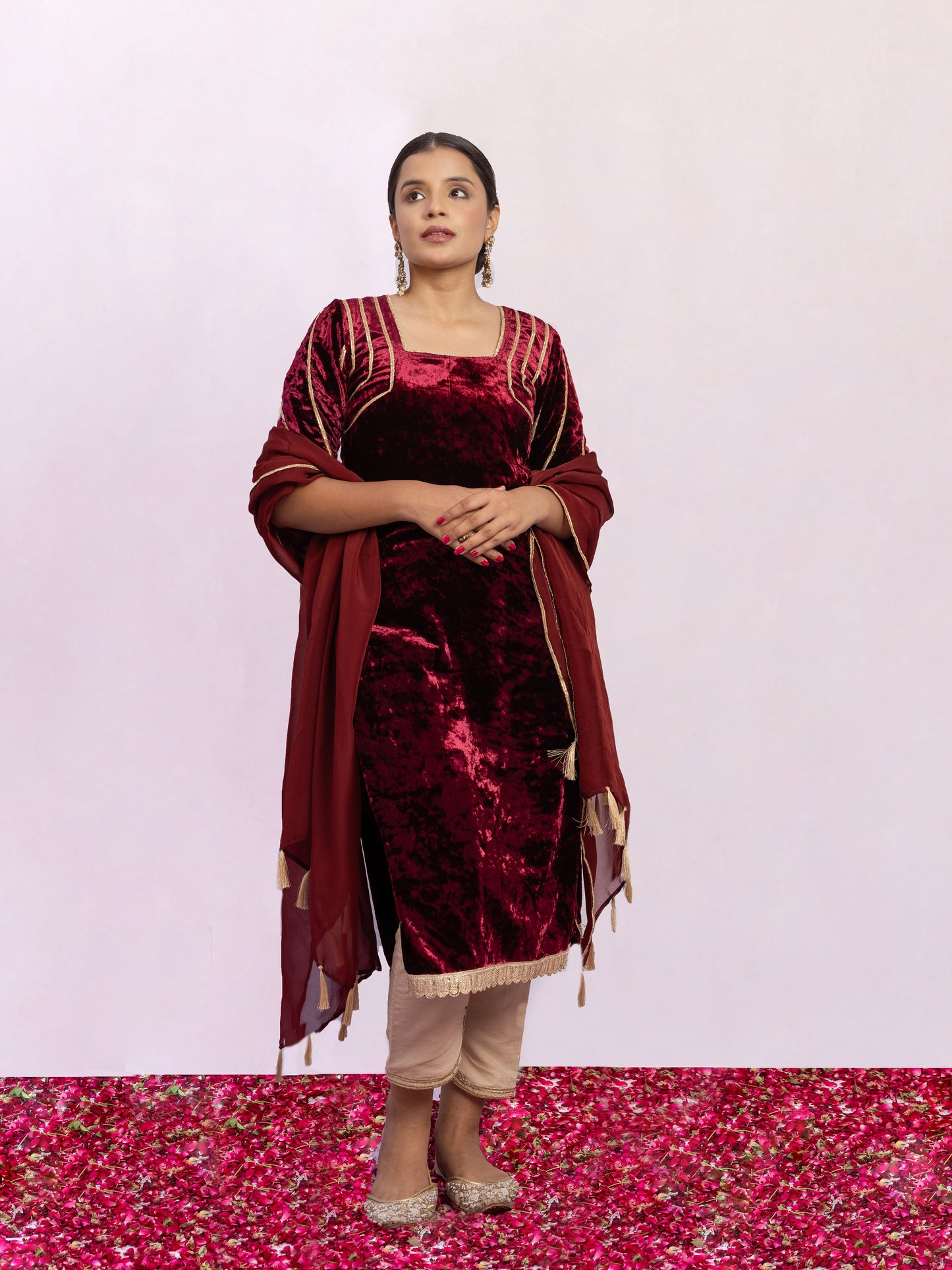 Durga Maroon Velvet Kurta