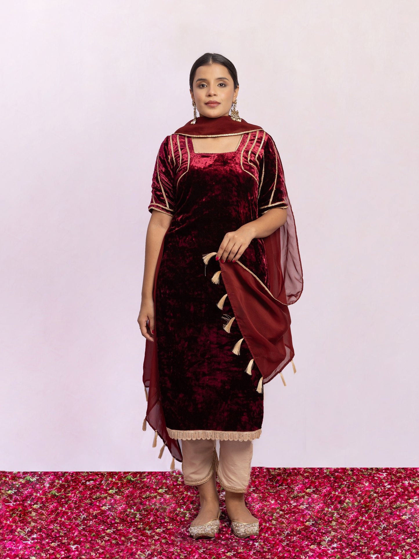 Durga Maroon Velvet Kurta