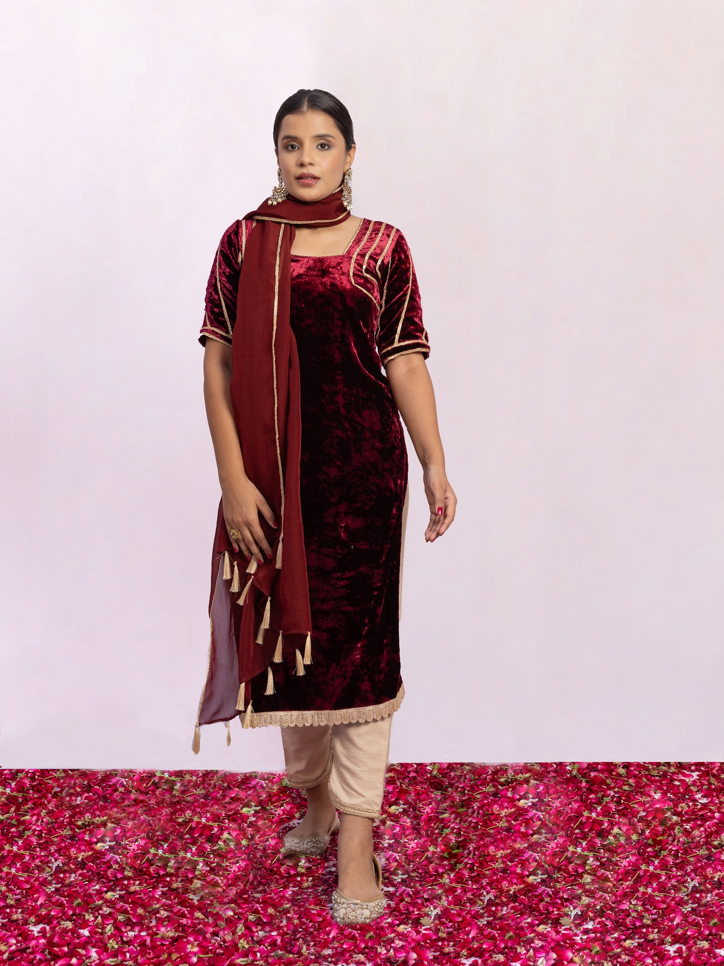 Durga Maroon Velvet Kurta and Pant Set