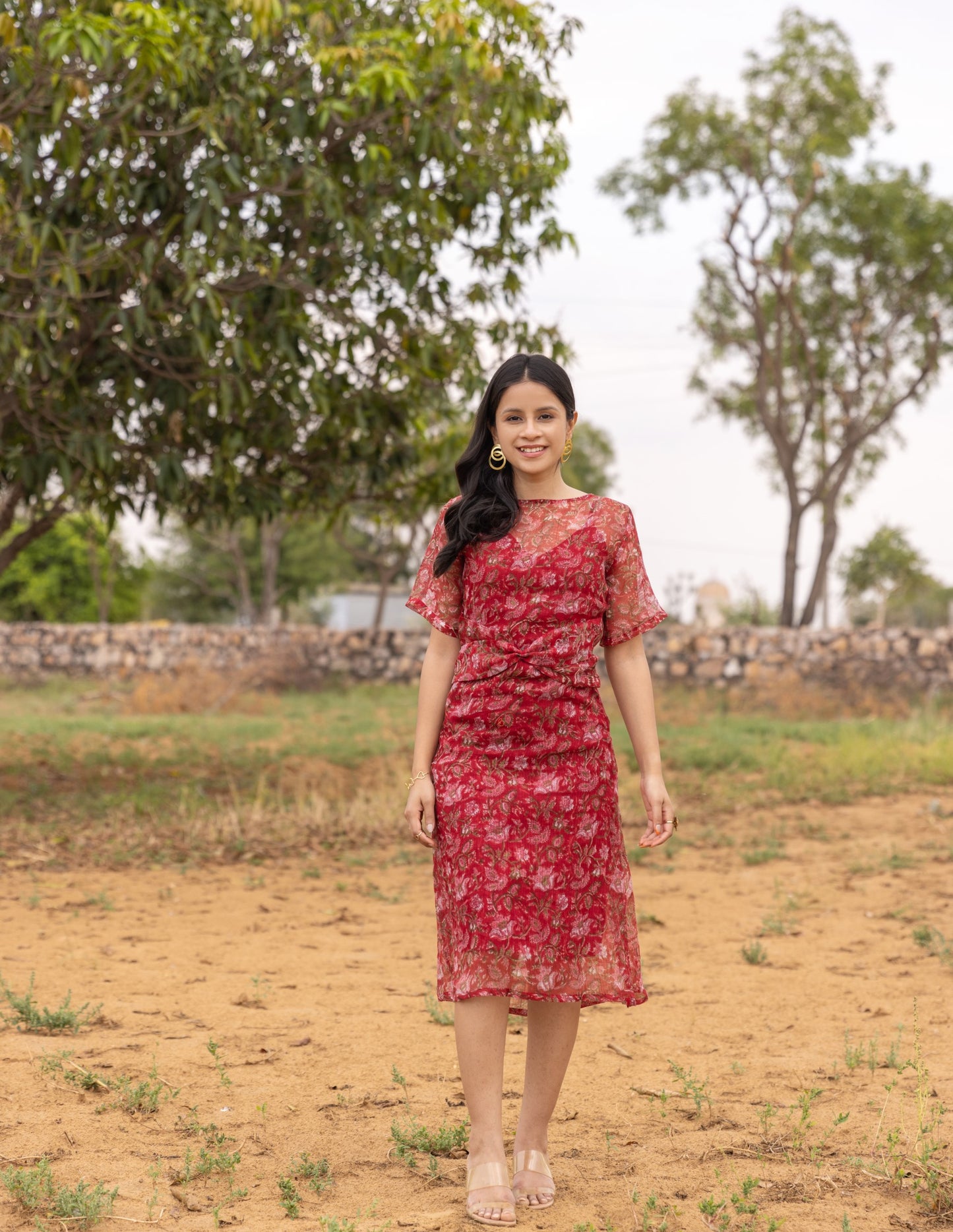 Dora - Red Straight Kota Doria Dress