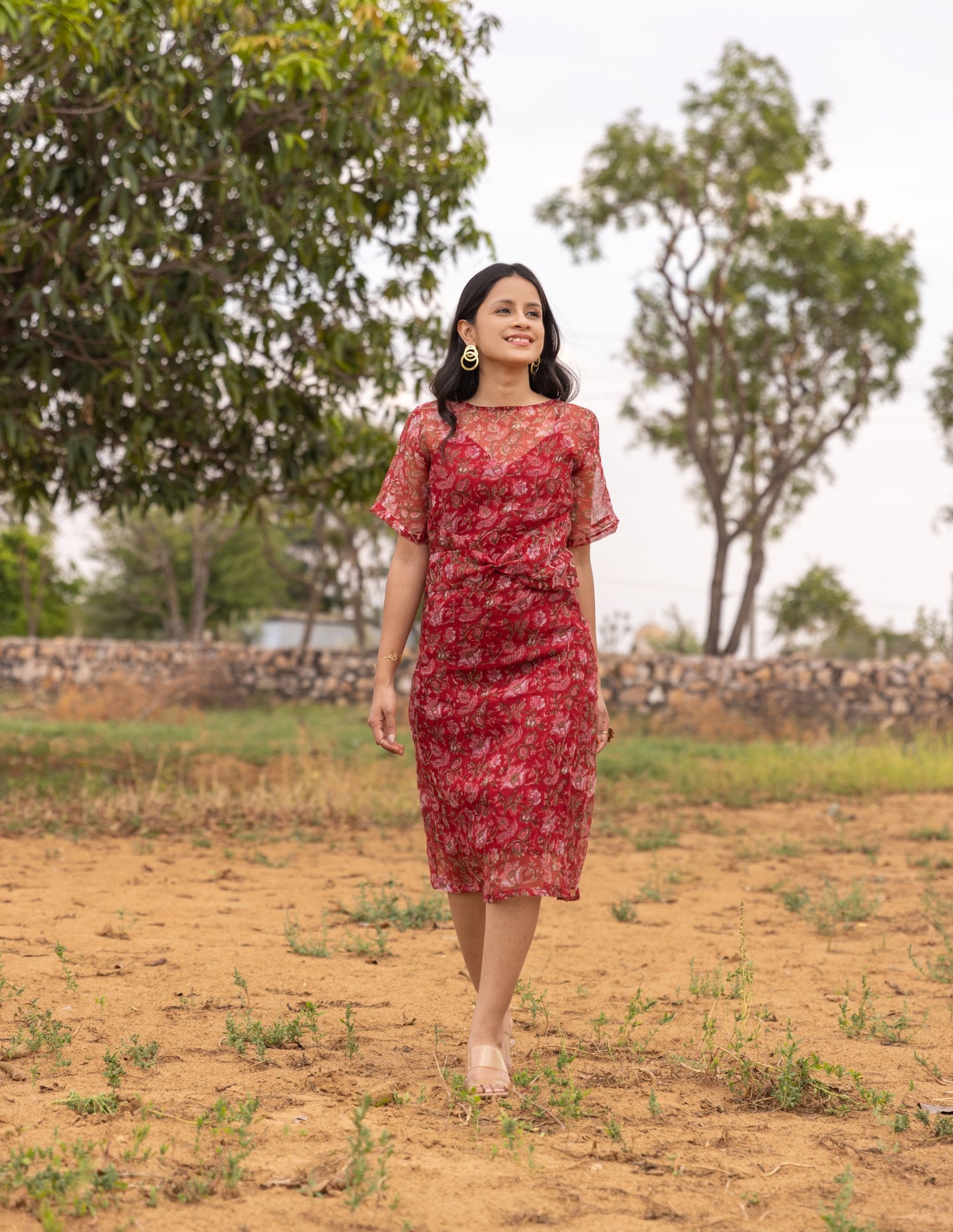 Dora - Red Straight Kota Doria Dress