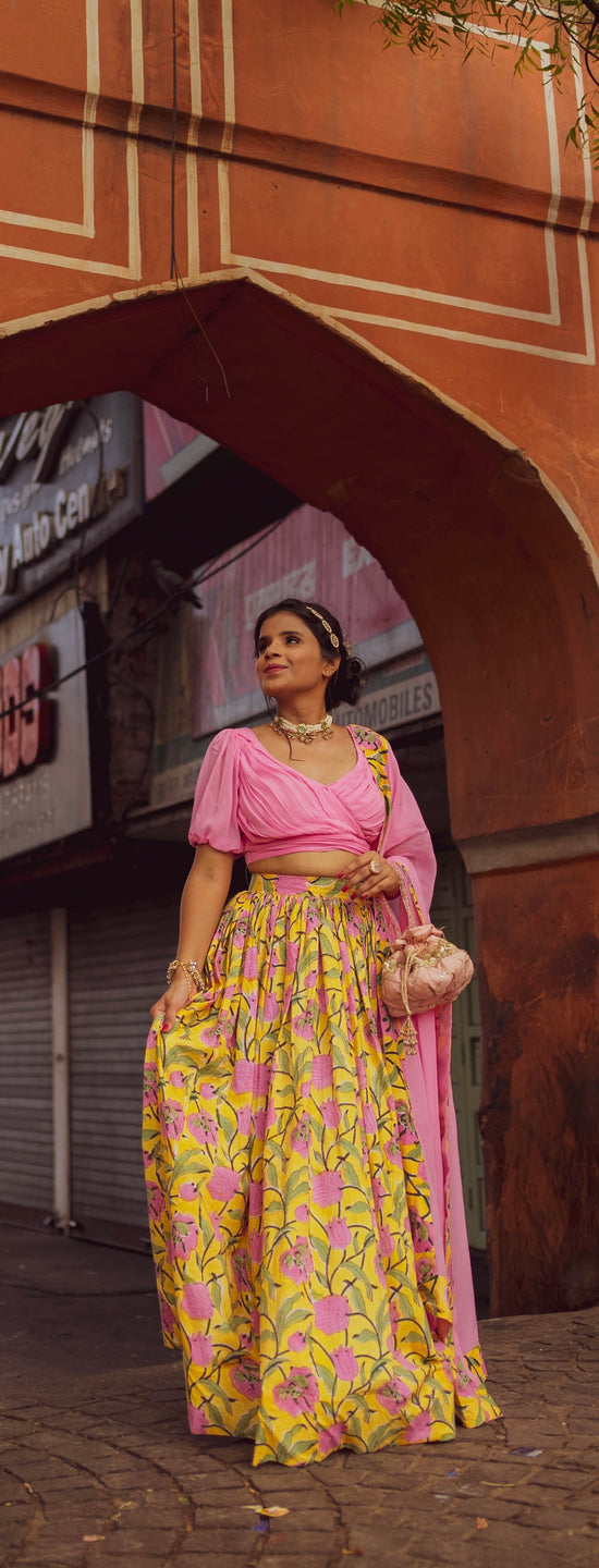 Sunshine Yellow Bandhej Ruffle Lehenga Choli with Pink Banarsi Dupatta –  anokherang