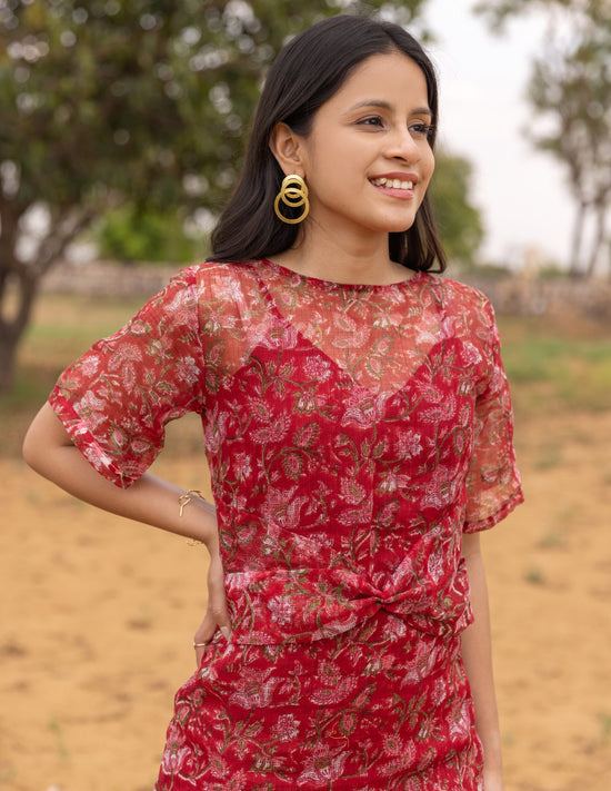 Dora - Red Straight Kota Doria Dress